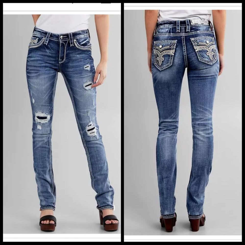 Rock Revival Women's Vitual Pink Straight Jeans Factory Distressed 30x30